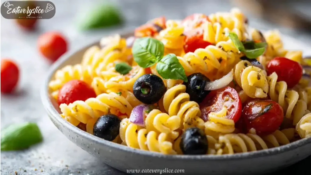 pasta salad with olives cherry tomatoes basil and herbs in bowl with logo and text