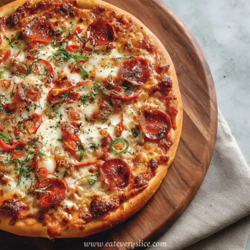 pepperoni pizza with melted cheese herbs and chili slices on wooden board
