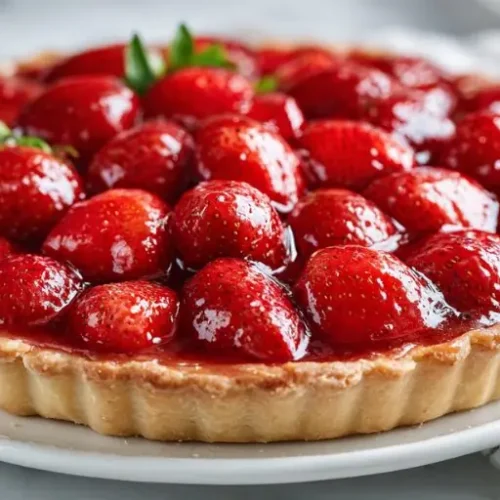 fresh strawberry tart with glossy glaze in buttery crust on white plate