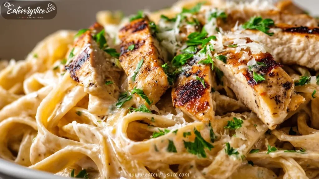 chicken alfredo pasta with creamy sauce grilled chicken and parmesan