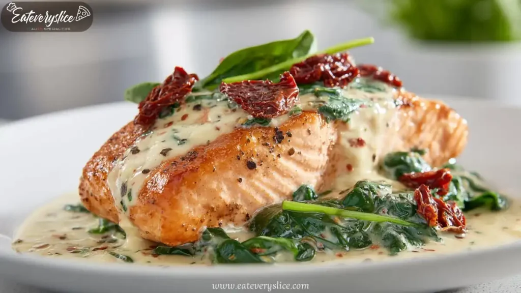 creamy spinach salmon with sun dried tomatoes and garlic sauce on white plate