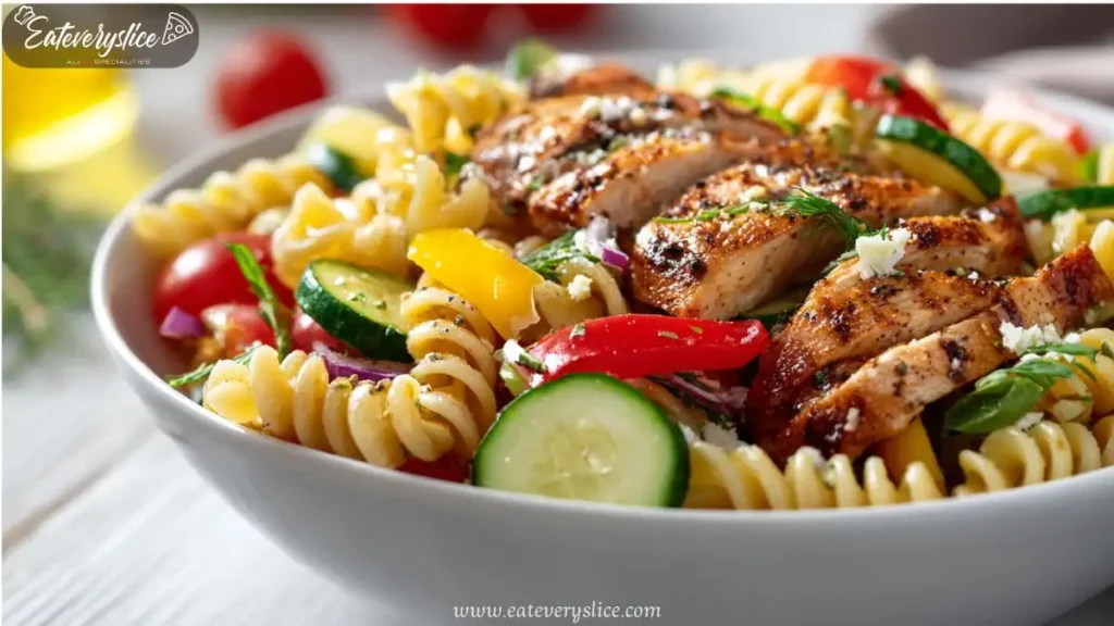 Grilled chicken pasta salad with rotini, zucchini, cherry tomatoes, bell peppers, and herbs in a white bowl