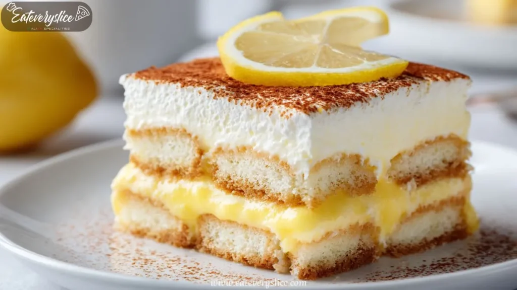 lemon cream layered dessert with soft sponge and creamy filling topped with lemon slices