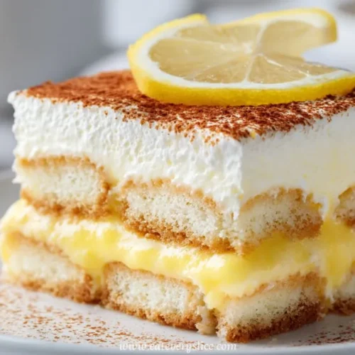 lemon cream layered dessert with soft sponge and creamy filling topped with lemon slices