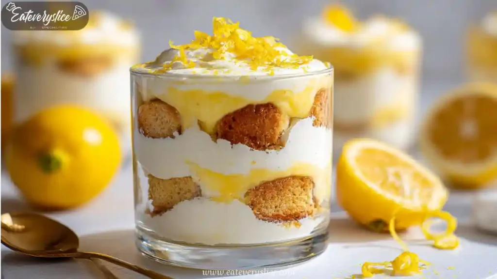 lemon dessert trifle with whipped cream sponge cake layers and fresh lemon zest in glass