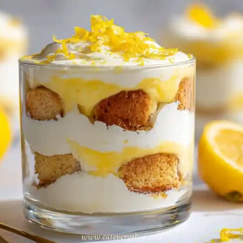 lemon dessert trifle with whipped cream sponge cake layers and fresh lemon zest in glass