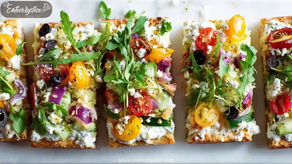 mediterranean flatbread with tomatoes olives cucumber feta cheese and arugula