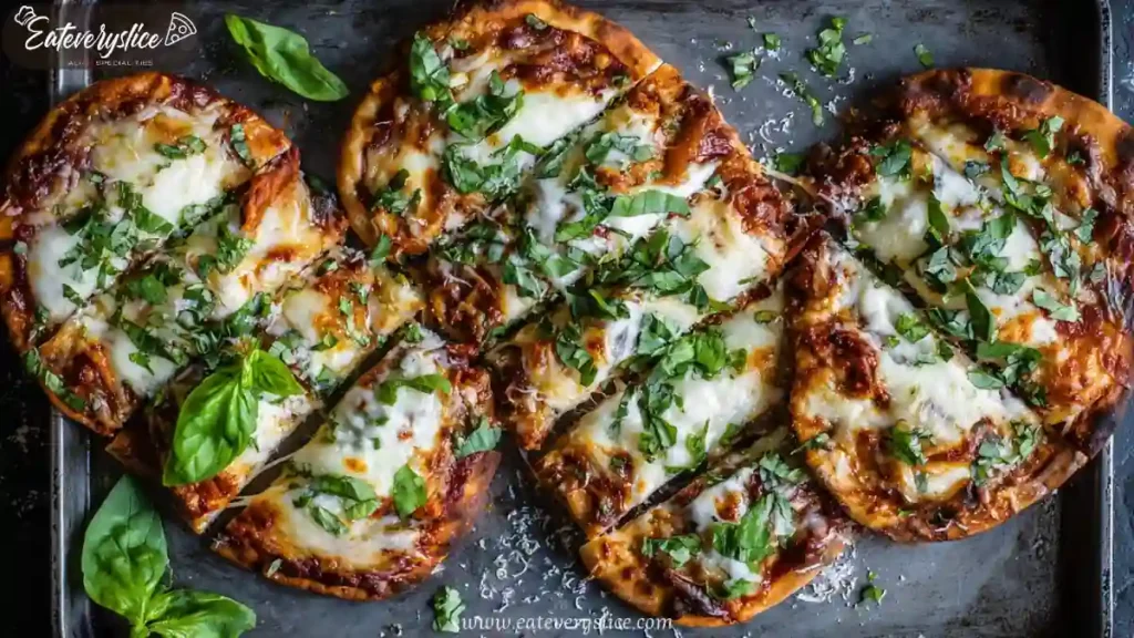 mini pizzas topped with melted mozzarella tomato sauce and fresh basil on baking tray