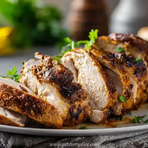 herb roasted chicken breast sliced with crispy seasoning and parsley garnish
