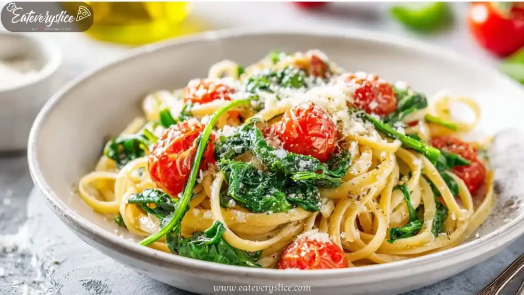 spaghetti pasta with spinach cherry tomatoes and parmesan cheese in bowl