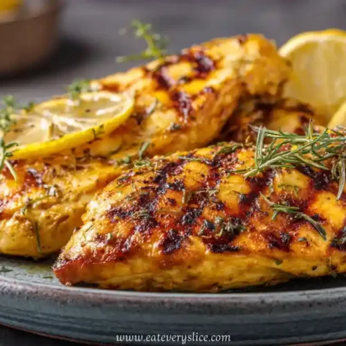Golden herb grilled chicken breasts with rosemary and lemon slices served on a rustic ceramic plate