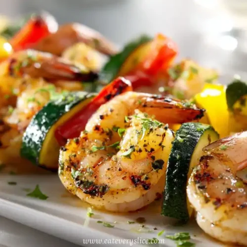 Grilled shrimp and vegetable skewers with zucchini, bell peppers, and lemon served on a white platter