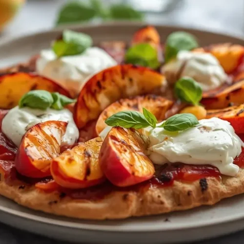 Grilled Peach Burrata Flatbread Pizza recipe