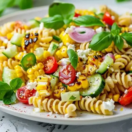 Mediterranean grilled corn pasta salad with basil and feta