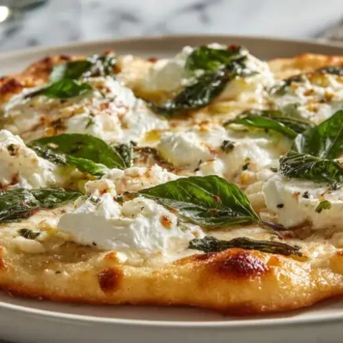 Homemade creamy ricotta pizza with mozzarella, fresh basil, and a crispy golden crust.