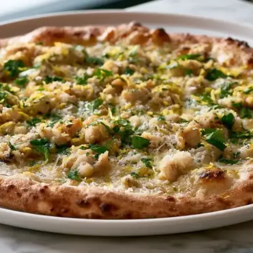 Crispy White Clam Pizza with Garlic, Parmesan Cheese, and Fresh Parsley