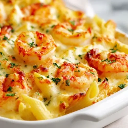 Golden Cajun shrimp pasta bake with creamy cheese sauce, penne pasta, and seasoned shrimp baked until bubbly.