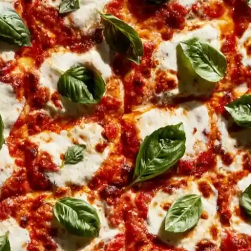 Crispy Margherita Sheet Pan Pizza with Fresh Basil and Mozzarella
