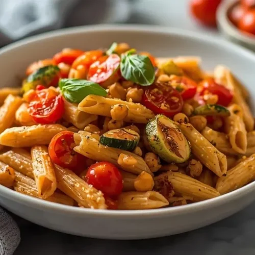 Roasted Veggie Chickpea Pasta Bowl recipe